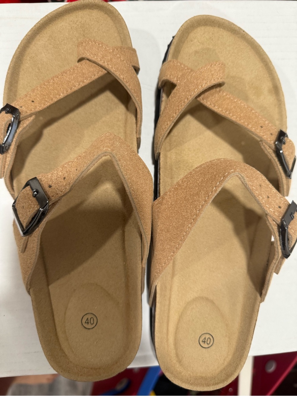 Tan Suede Double-Strap Slide Sandals